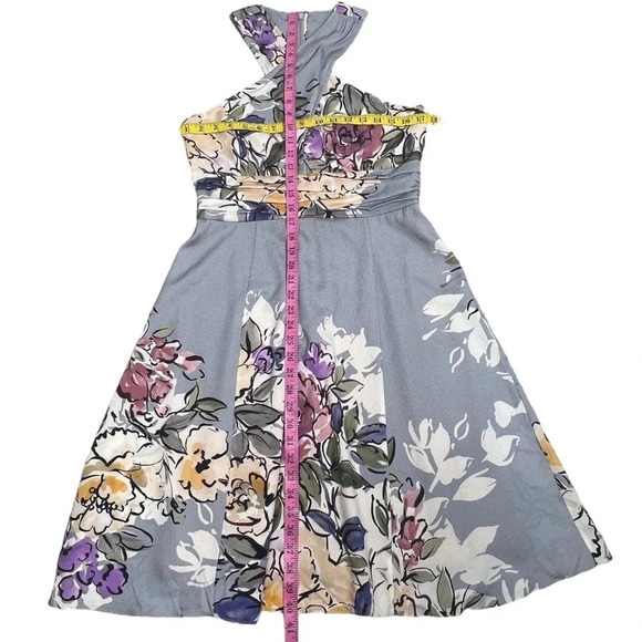 Tracy Reese blue gray floral silk crepe fit and flare dress watercolor floral - Picture 6 of 11